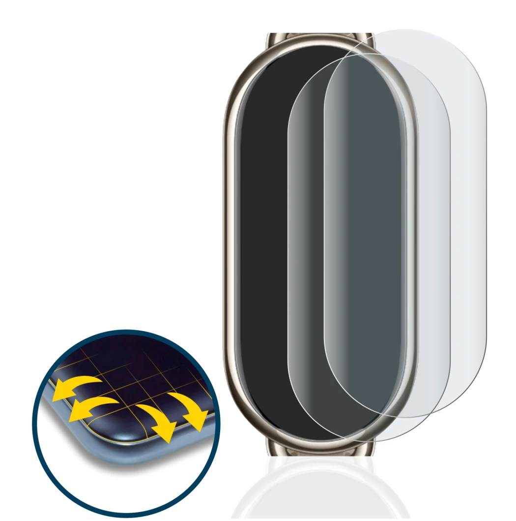 Immagine del dispositivo Xiaomi Mi Band 8 con un'ampia varietà di protezioni per lo schermo.