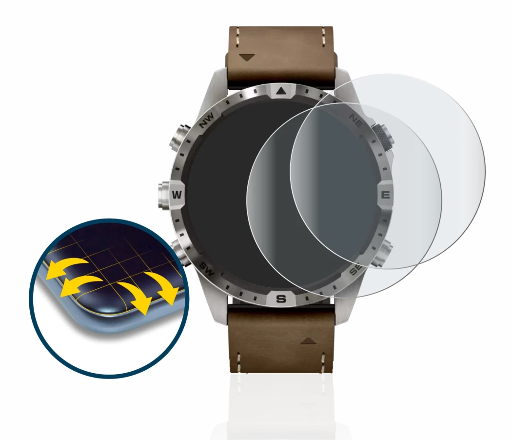 Immagine del dispositivo Garmin Marq Adventurer (Gen 2) con un'ampia varietà di protezioni per lo schermo.