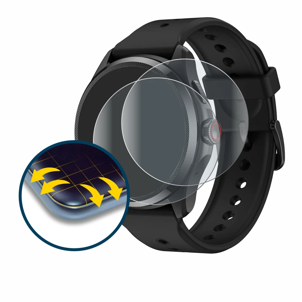Immagine del dispositivo Mobvoi TicWatch Pro 5 con un'ampia varietà di protezioni per lo schermo.