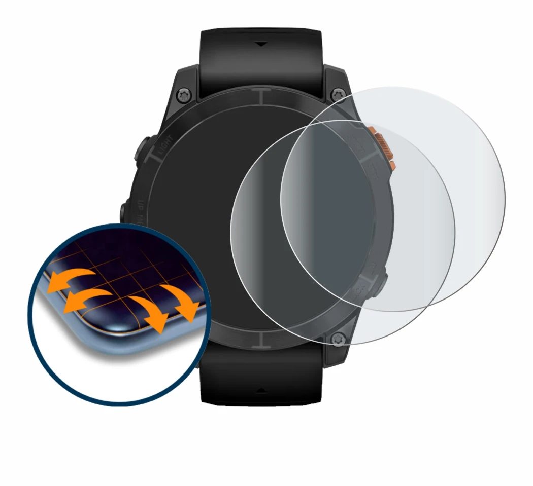 Immagine del dispositivo Garmin Fenix 7 Pro Solar (47 mm) con un'ampia varietà di protezioni per lo schermo.