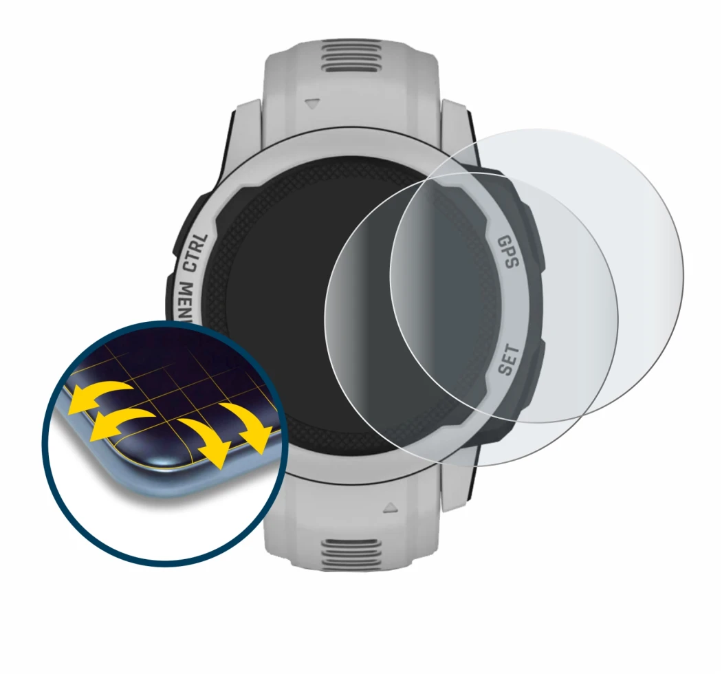 Immagine del dispositivo Garmin Instinct 2S Solar (40 mm) con un'ampia varietà di protezioni per lo schermo.