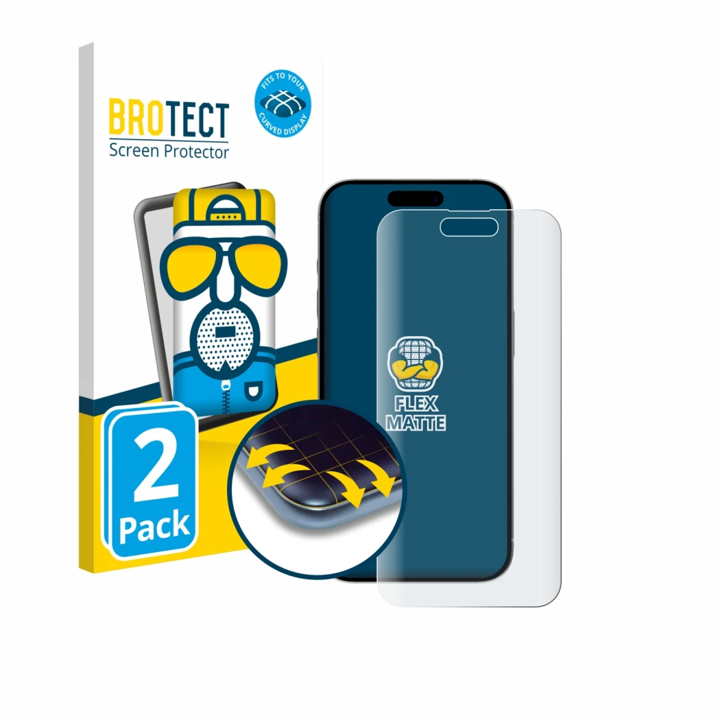 Parte frontale di una confezione del prodotto con il logo del marchio BROTECT. Accanto è raffigurato il dispositivo Apple iPho