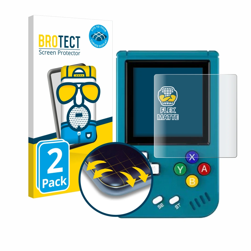 Parte frontale di una confezione del prodotto con il logo del marchio BROTECT. Accanto è raffigurato il dispositivo Anbernic R