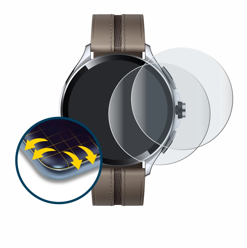 Immagine del dispositivo Xiaomi Watch 2 Pro con un'ampia varietà di protezioni per lo schermo.