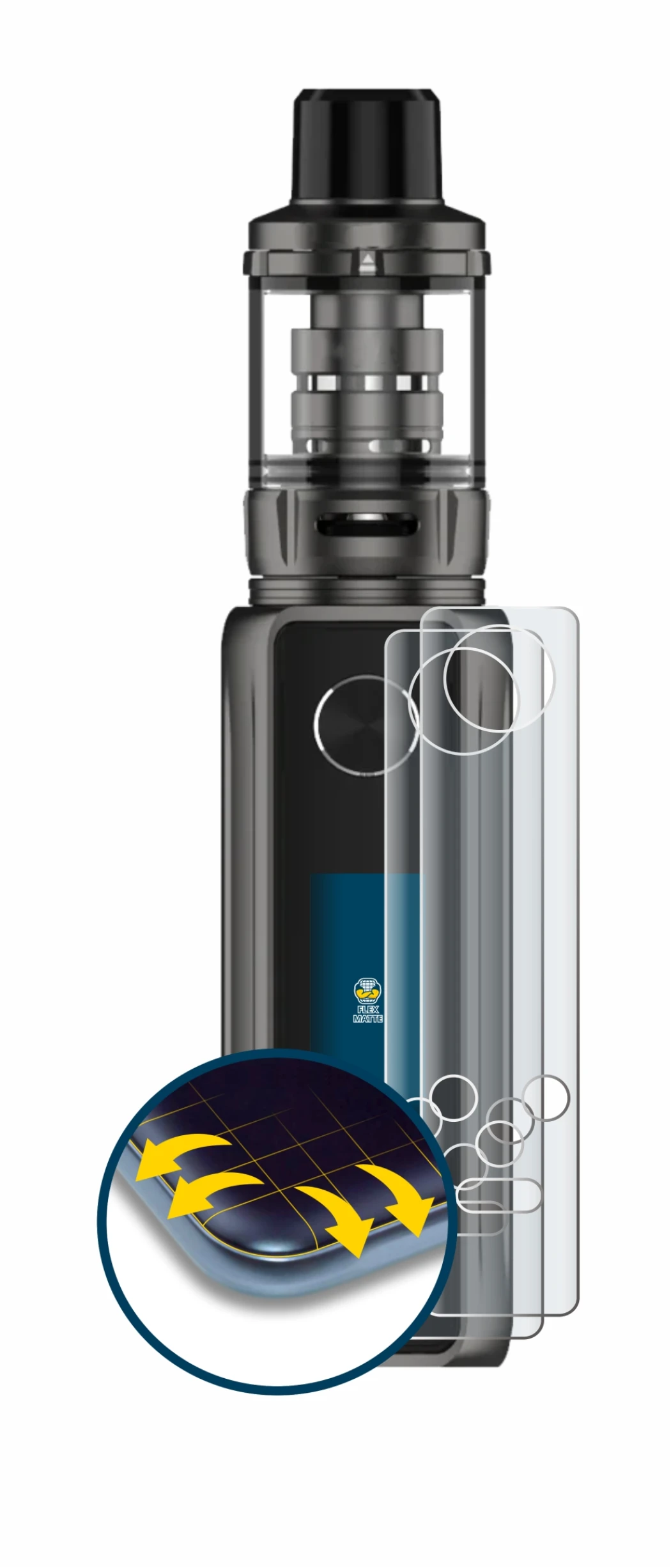 Immagine del dispositivo Vaporesso Target 100 Mod con un'ampia varietà di protezioni per lo schermo.