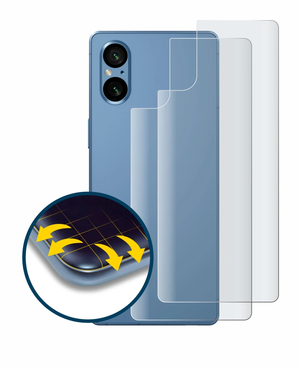 Immagine del dispositivo Sony Xperia 5 V (Posteriore) con un'ampia varietà di protezioni per lo schermo.