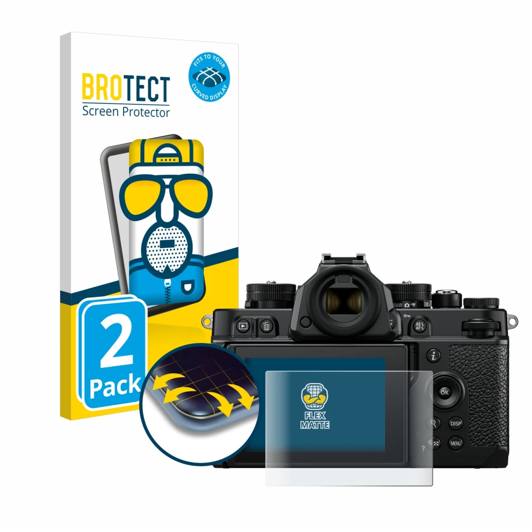 Parte frontale di una confezione del prodotto con il logo del marchio BROTECT. Accanto è raffigurato il dispositivo Nikon Z F 