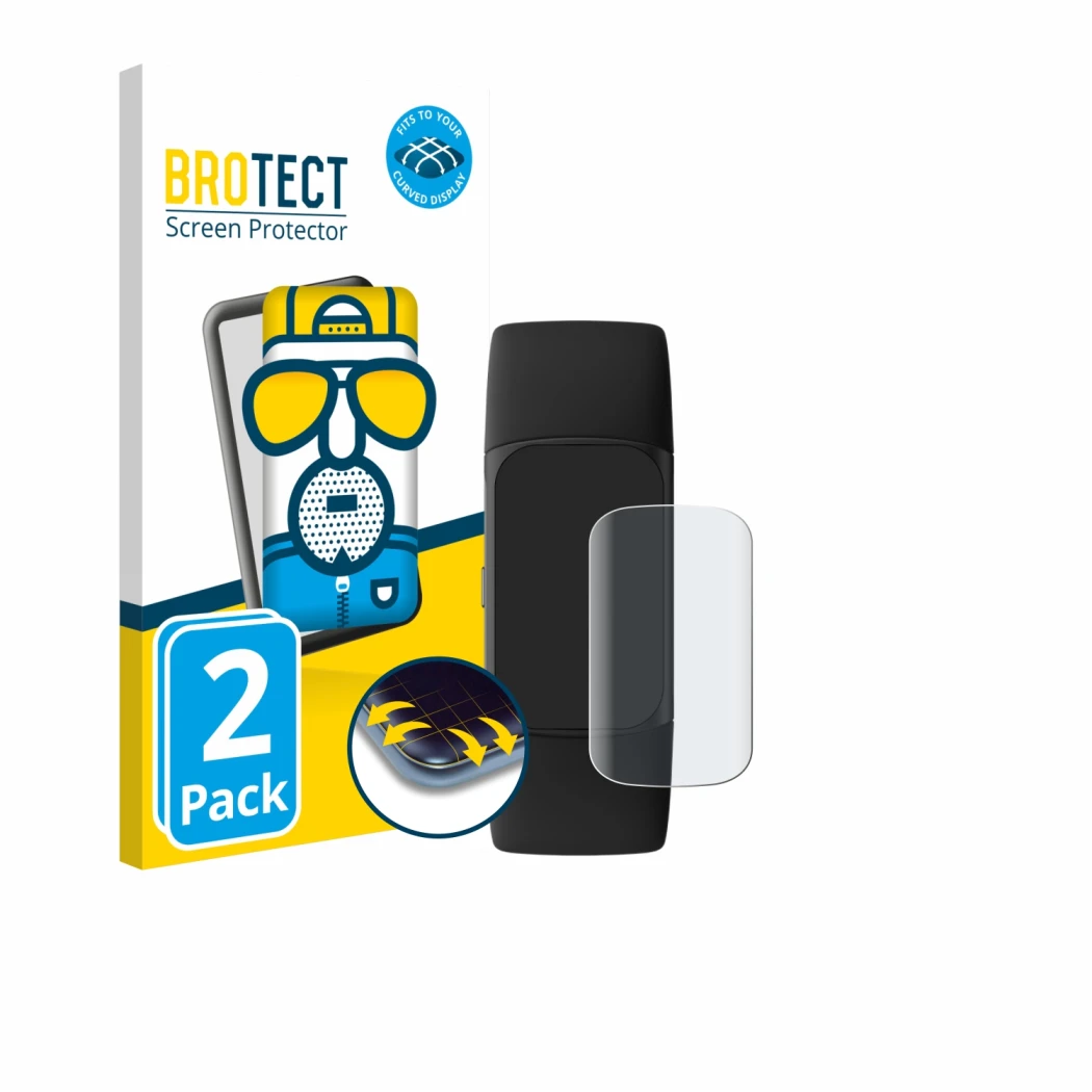 Parte frontale di una confezione del prodotto con il logo del marchio BROTECT. Accanto è raffigurato il dispositivo Fitbit Cha