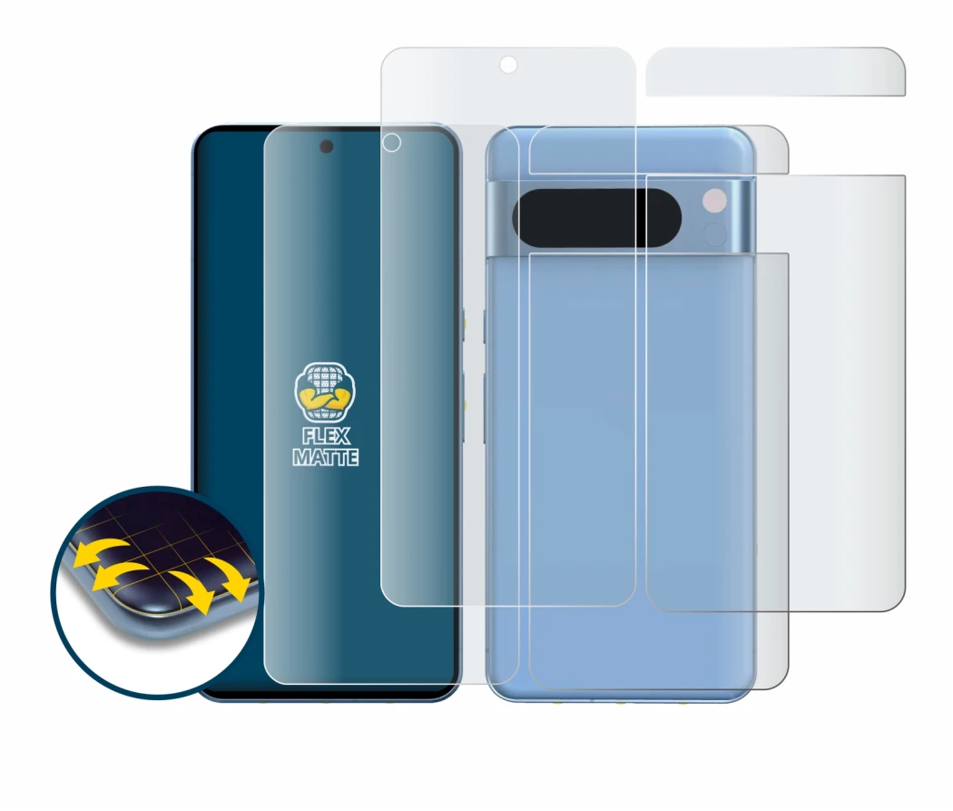 Immagine del dispositivo Google Pixel 8 Pro (Fronte+Retro) con un'ampia varietà di protezioni per lo schermo.