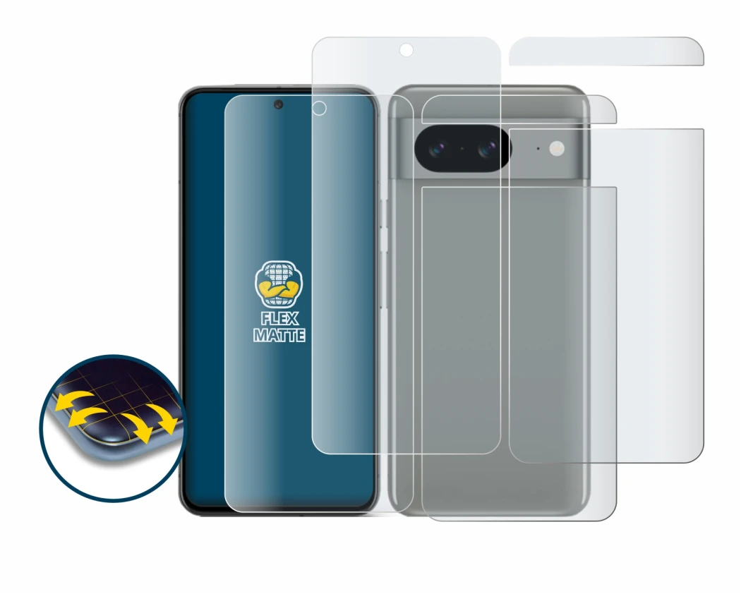 Immagine del dispositivo Google Pixel 8 (Fronte+Retro) con un'ampia varietà di protezioni per lo schermo.