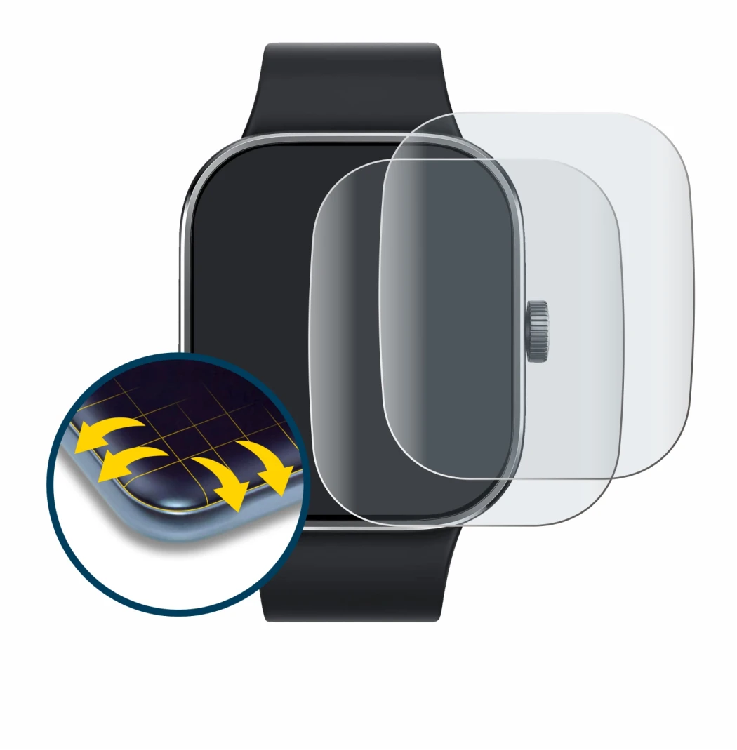 Immagine del dispositivo Xiaomi Redmi Watch 4 con un'ampia varietà di protezioni per lo schermo.