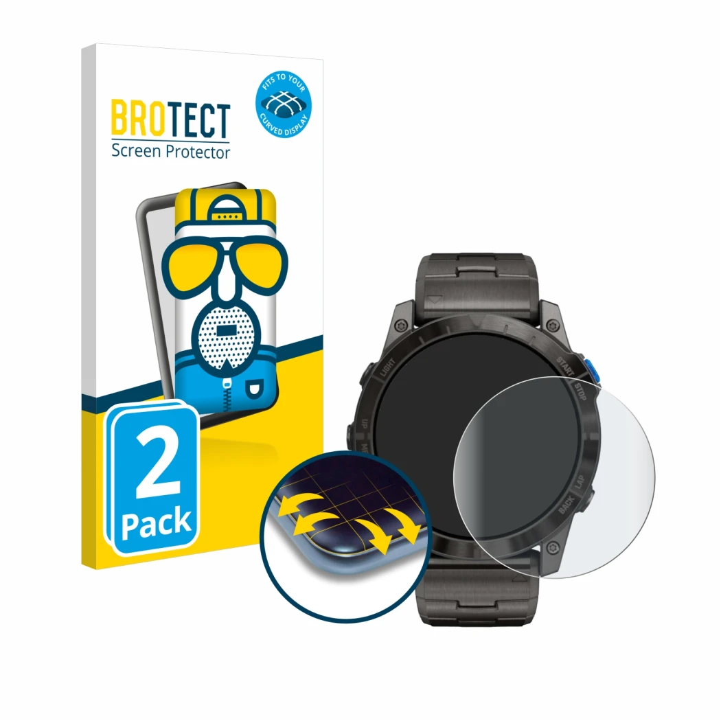 Parte frontale di una confezione del prodotto con il logo del marchio BROTECT. Accanto è raffigurato il dispositivo Garmin D2