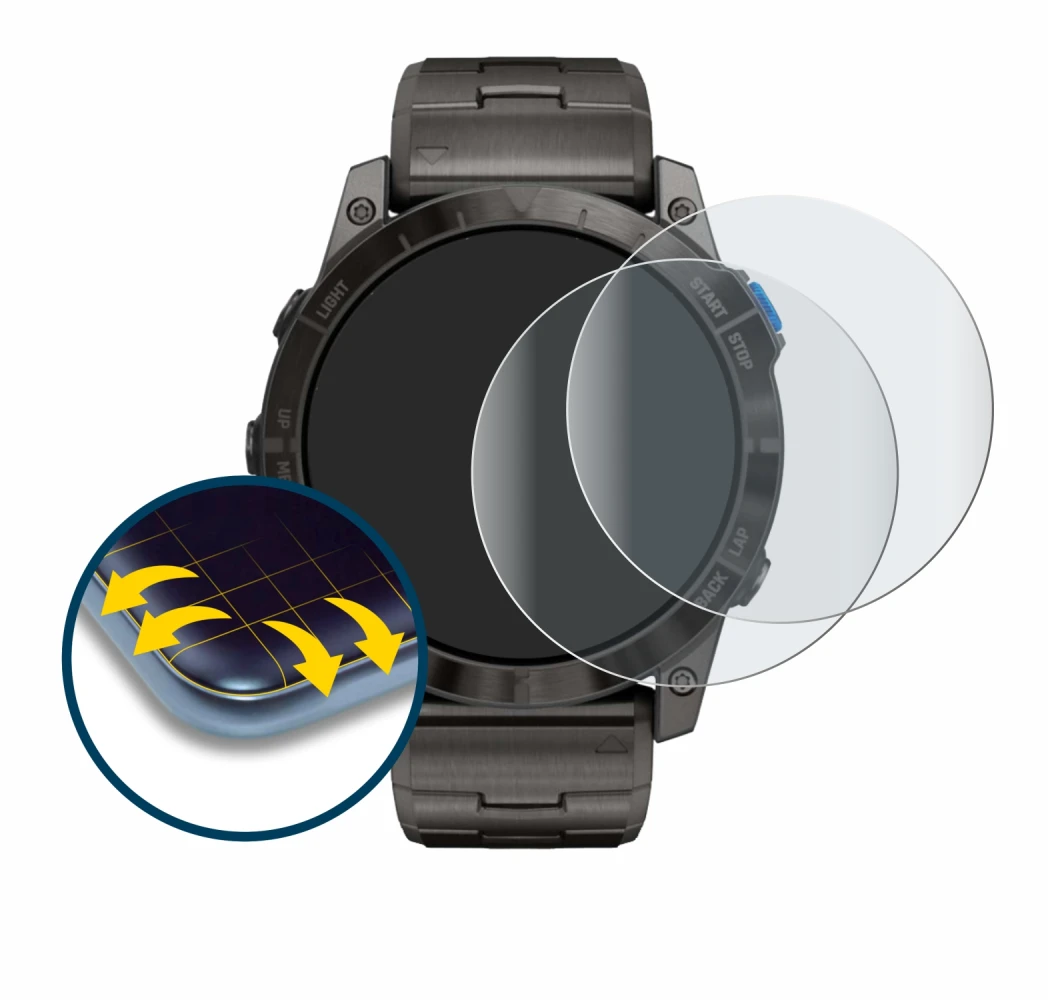 Immagine del dispositivo Garmin D2 Mach 1 Pro con un'ampia varietà di protezioni per lo schermo.