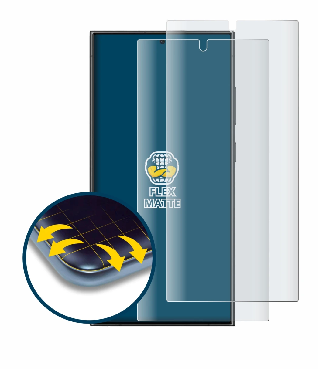 Immagine del dispositivo Samsung Galaxy S24 Ultra (case-friendly) con un'ampia varietà di protezioni per lo schermo.