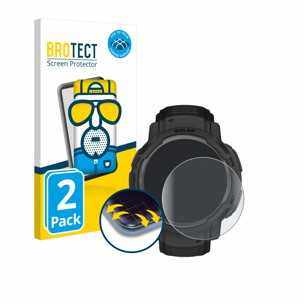 Parte frontale di una confezione del prodotto con il logo del marchio BROTECT. Accanto è raffigurato il dispositivo Garmin Ins