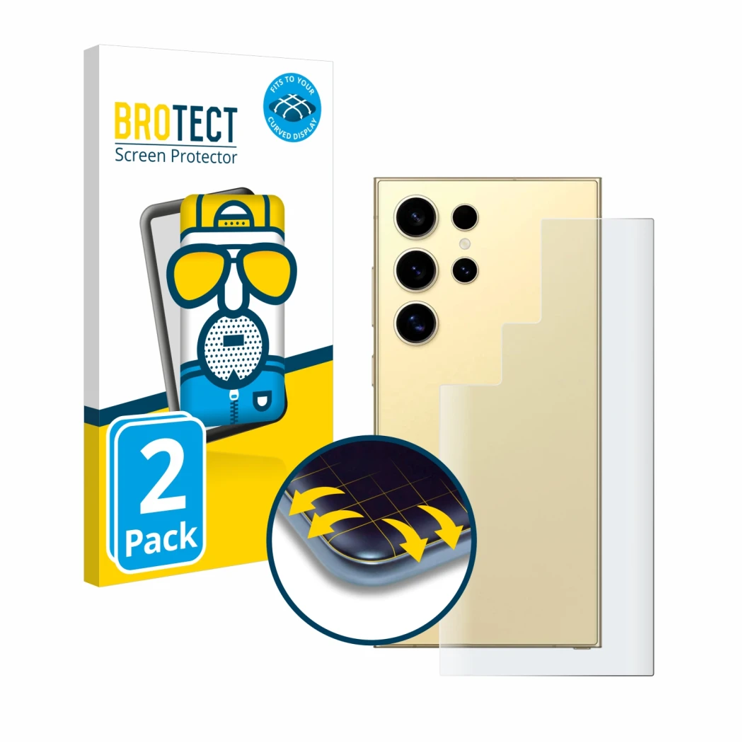 Parte frontale di una confezione del prodotto con il logo del marchio BROTECT. Accanto è raffigurato il dispositivo Samsung Ga