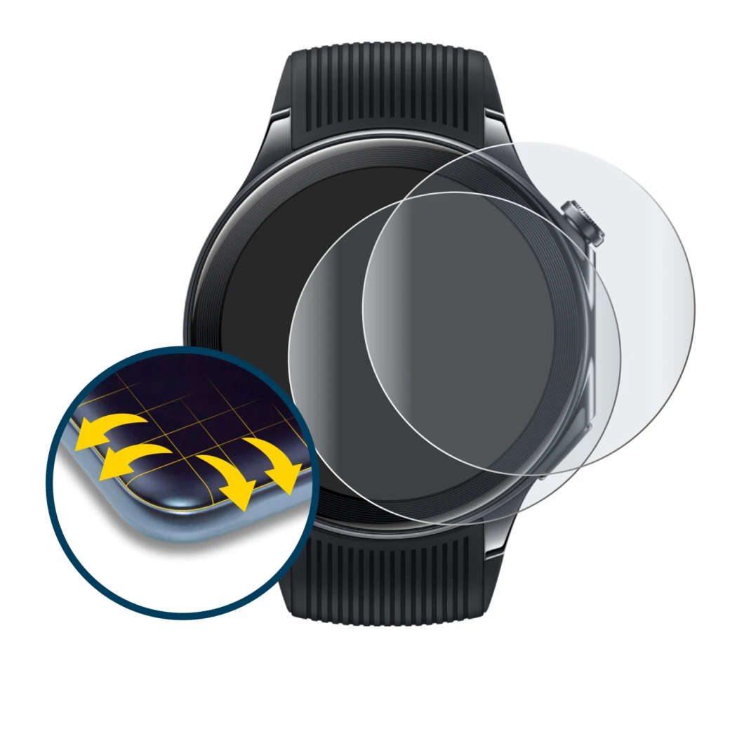 Immagine del dispositivo OnePlus Watch 2 con un'ampia varietà di protezioni per lo schermo.