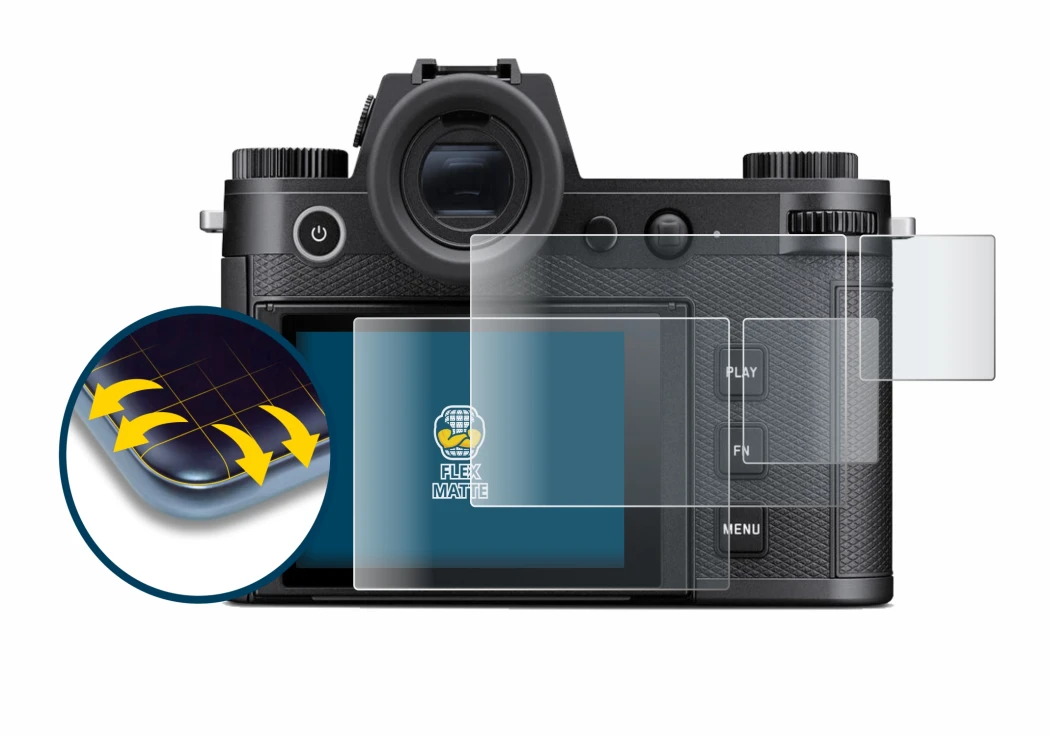 Immagine del dispositivo Leica SL3 (Display + display a spalla) con un'ampia varietà di protezioni per lo schermo.