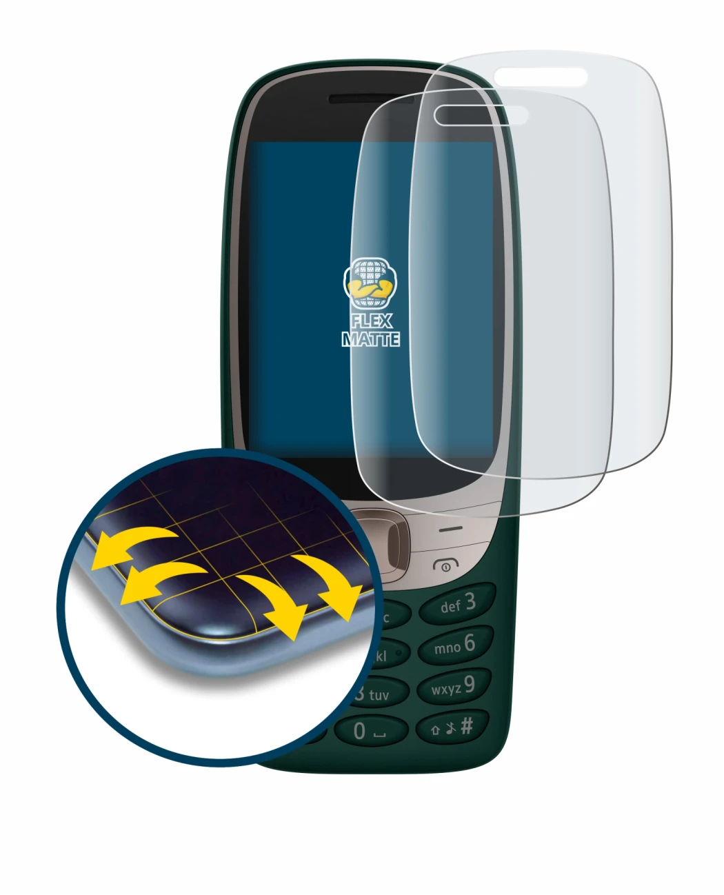 Immagine del dispositivo Nokia 6310 (2024) con un'ampia varietà di protezioni per lo schermo.