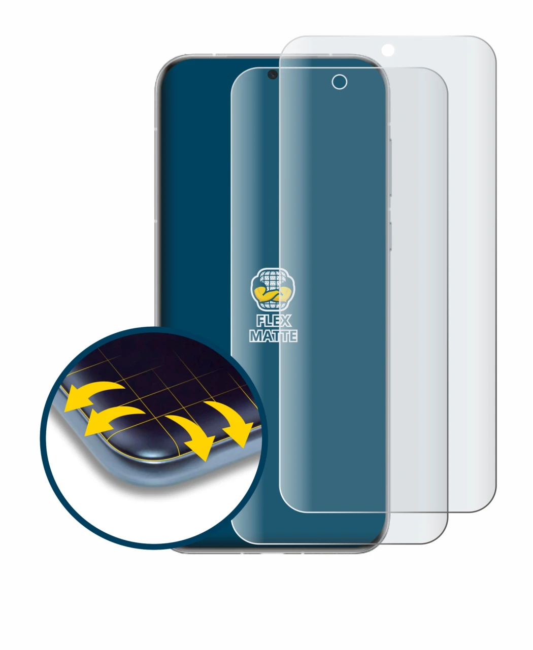 Immagine del dispositivo Huawei Pura 70 Pro con un'ampia varietà di protezioni per lo schermo.