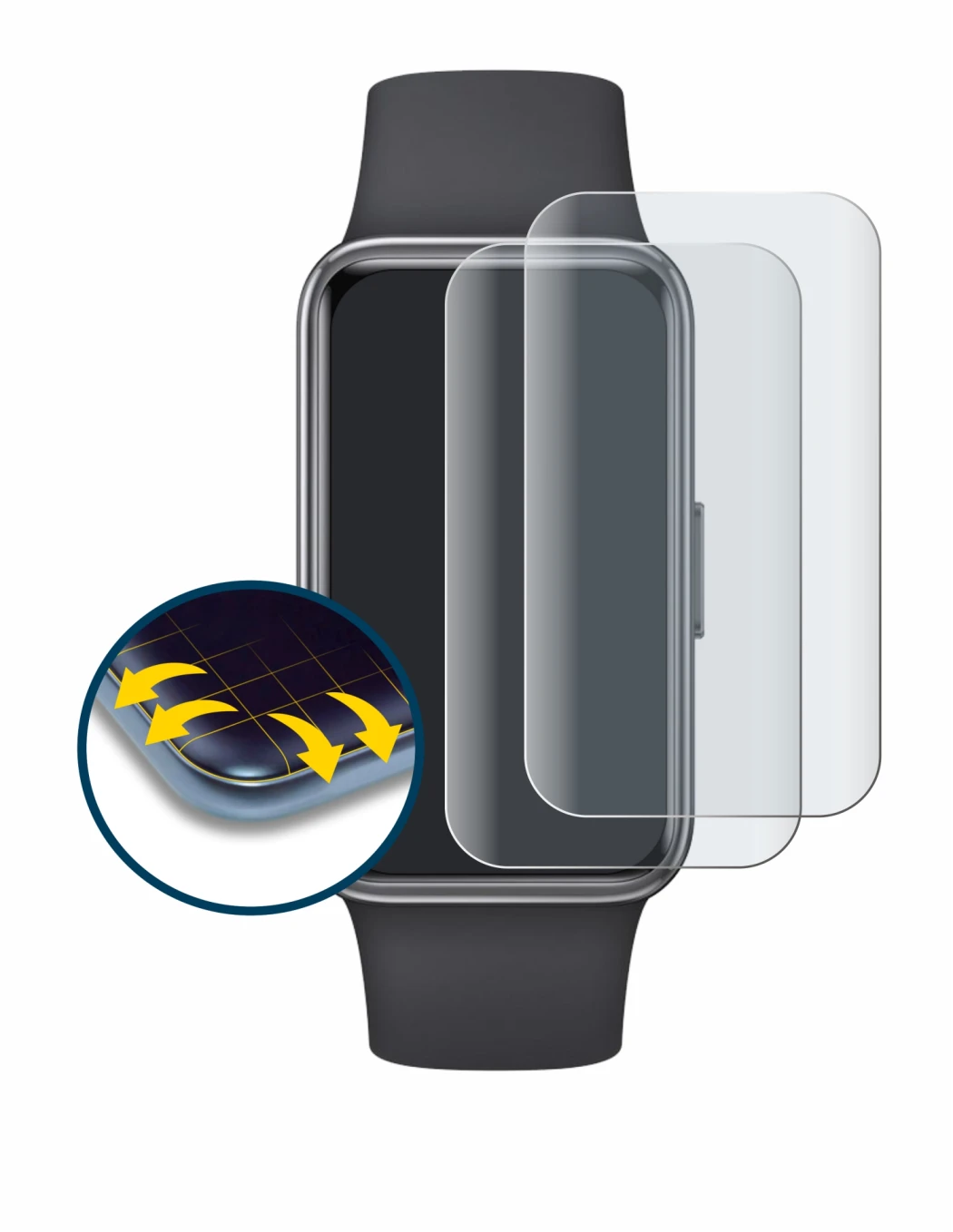 Immagine del dispositivo Huawei Band 9 con un'ampia varietà di protezioni per lo schermo.