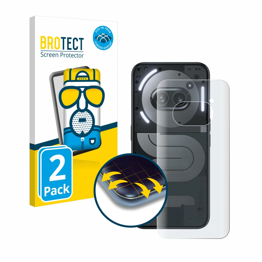 Parte frontale di una confezione del prodotto con il logo del marchio BROTECT. Accanto è raffigurato il dispositivo Nothing Ph