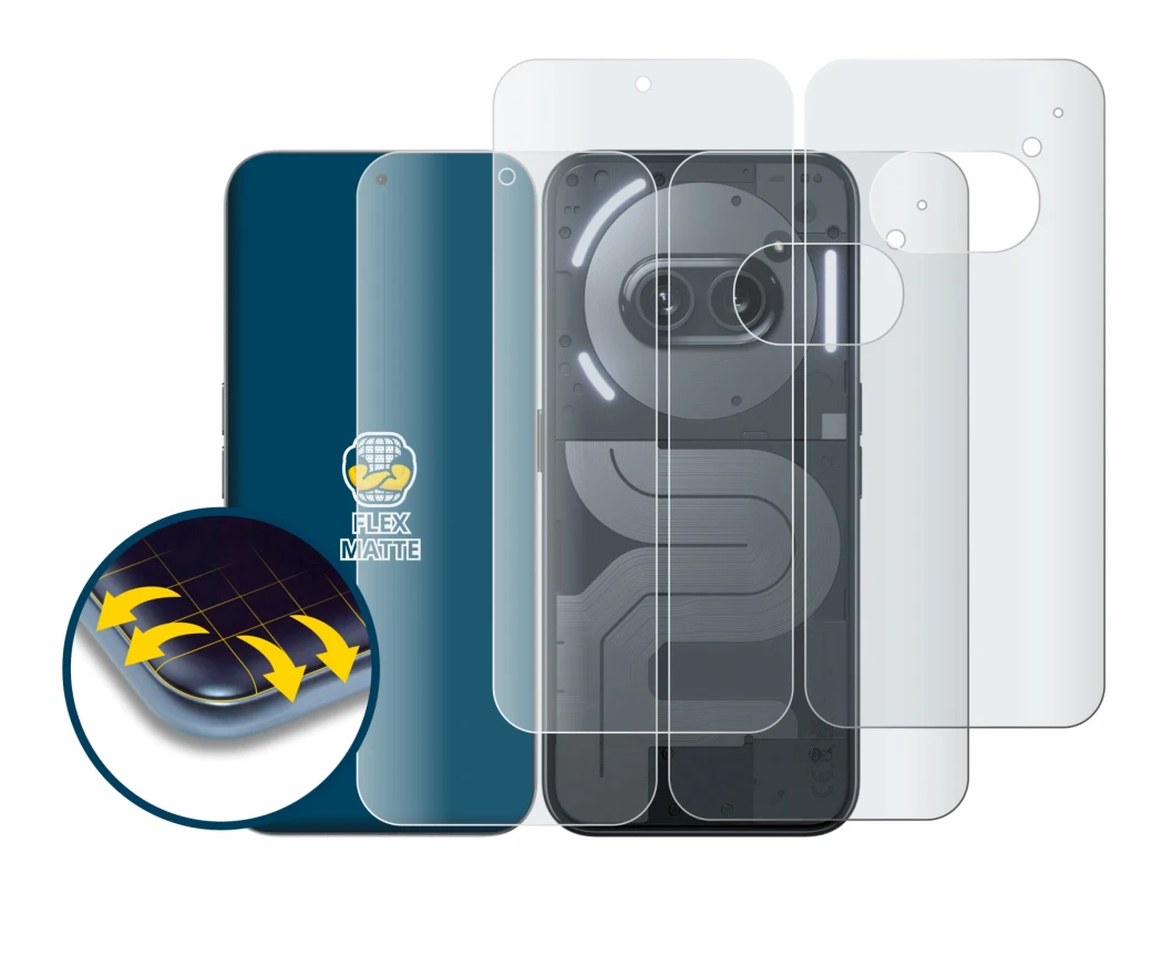Immagine del dispositivo Nothing Phone (2a) Plus (Fronte+Retro) con un'ampia varietà di protezioni per lo schermo.