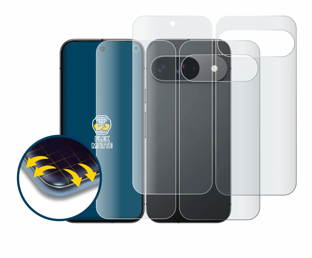 Immagine del dispositivo Google Pixel 9 (Fronte+Retro) con un'ampia varietà di protezioni per lo schermo.