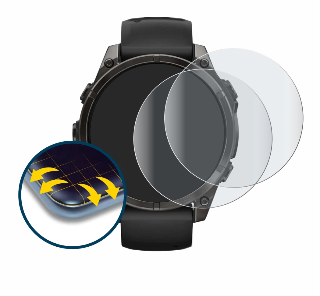 Immagine del dispositivo Garmin Fenix 8 AMOLED (47 mm) con un'ampia varietà di protezioni per lo schermo.