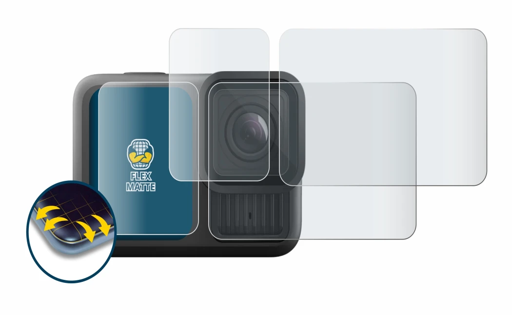 Immagine del dispositivo GoPro Hero 13 Black con un'ampia varietà di protezioni per lo schermo.