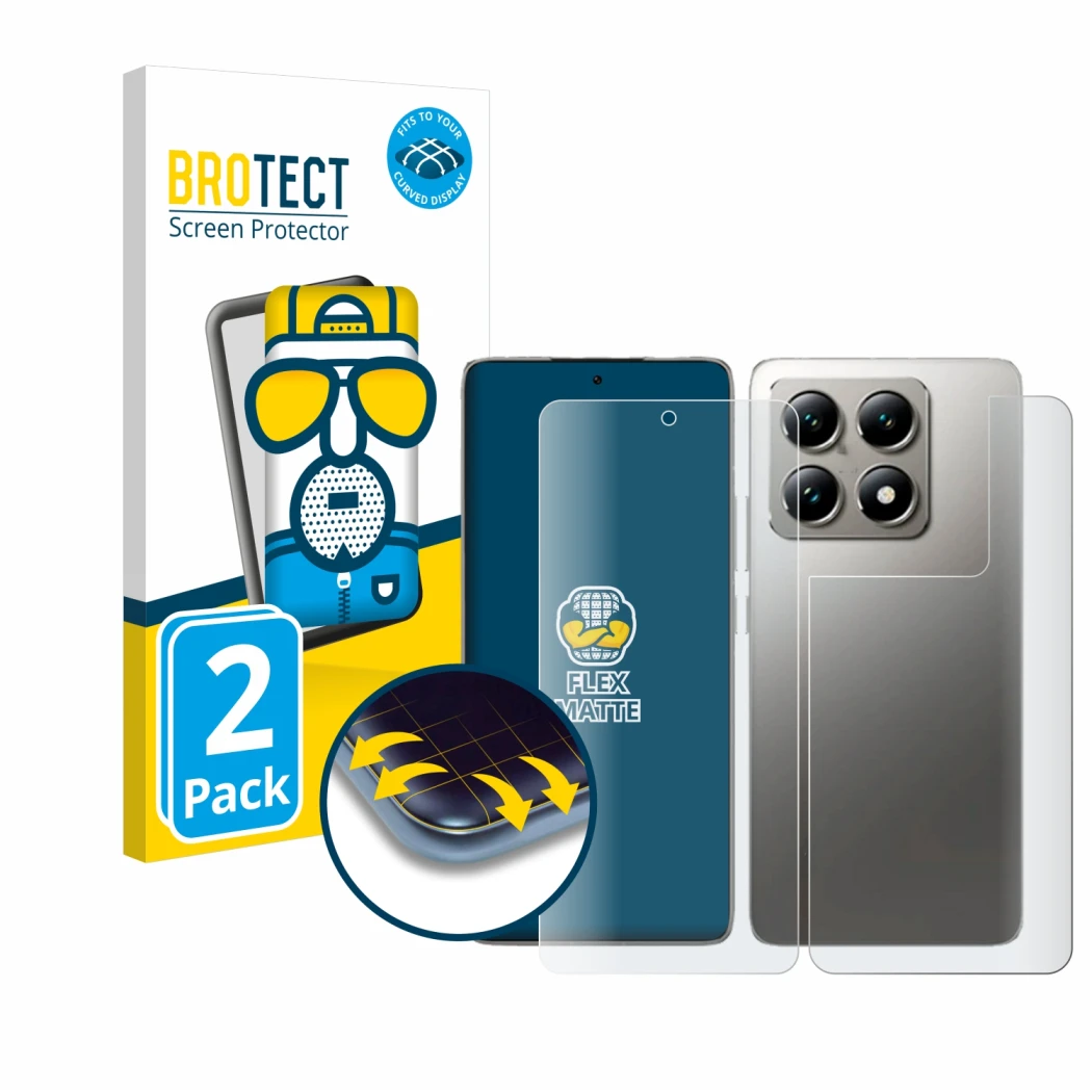 Parte frontale di una confezione del prodotto con il logo del marchio BROTECT. Accanto è raffigurato il dispositivo Xiaomi 14T