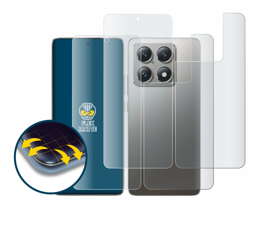 Immagine del dispositivo Xiaomi 14T Pro (Fronte+Retro) con un'ampia varietà di protezioni per lo schermo.