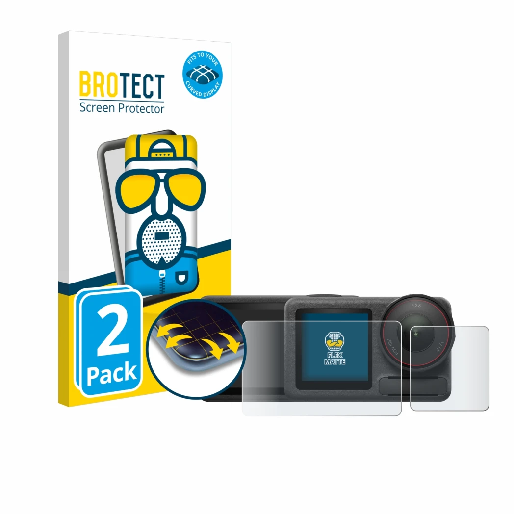 Parte frontale di una confezione del prodotto con il logo del marchio BROTECT. Accanto è raffigurato il dispositivo DJI Osmo A