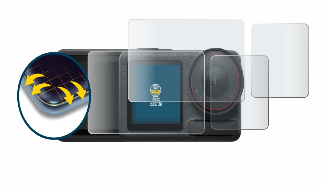 Immagine del dispositivo DJI Osmo Action 5 Pro con un'ampia varietà di protezioni per lo schermo.