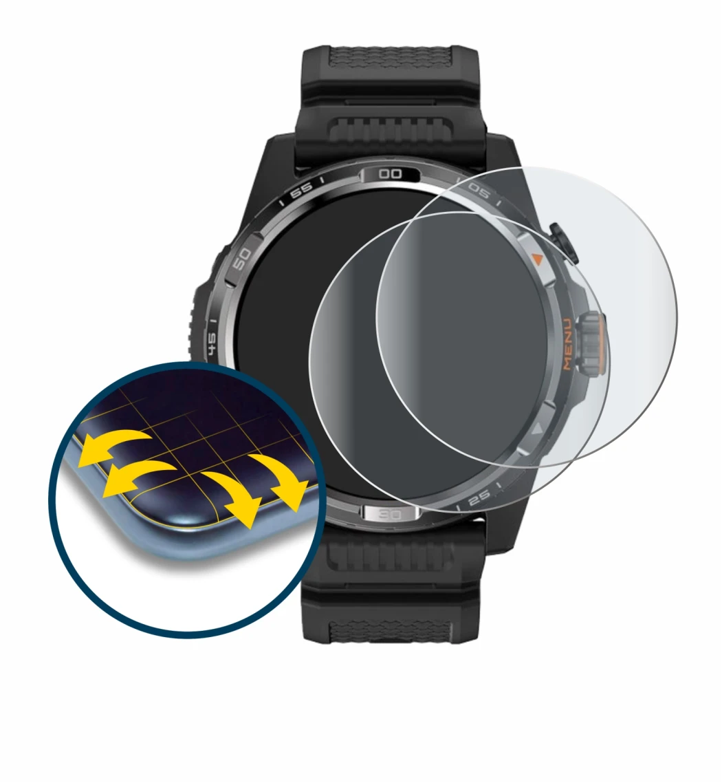 Immagine del dispositivo Mobvoi Ticwatch Atlas con un'ampia varietà di protezioni per lo schermo.