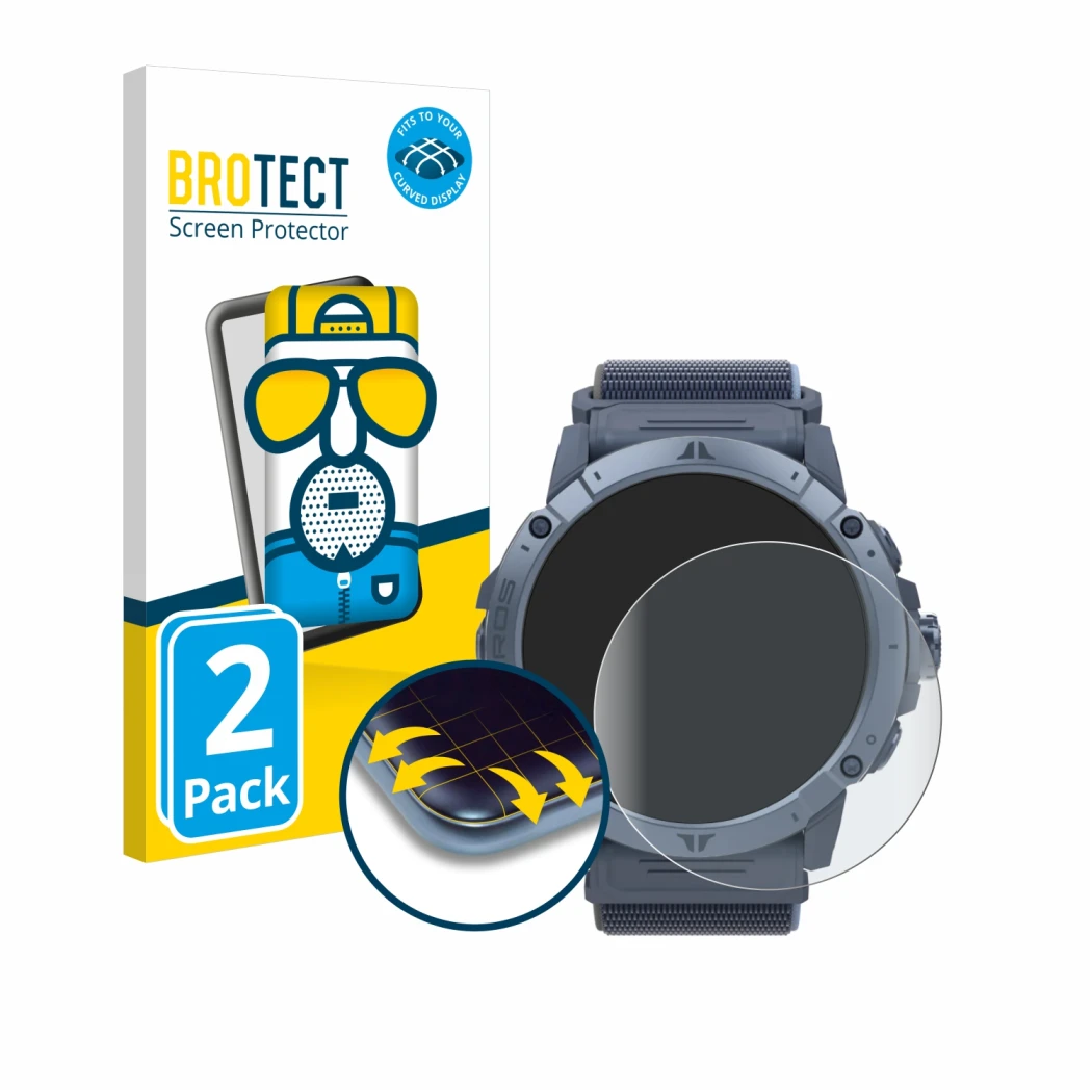 Parte frontale di una confezione del prodotto con il logo del marchio BROTECT. Accanto è raffigurato il dispositivo Coros Vert