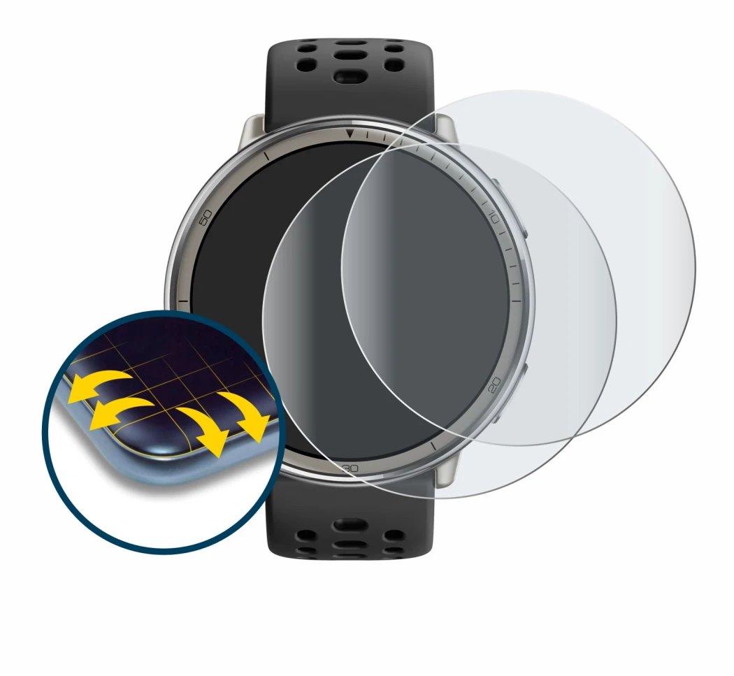 Immagine del dispositivo Amazfit Active 2 con un'ampia varietà di protezioni per lo schermo.