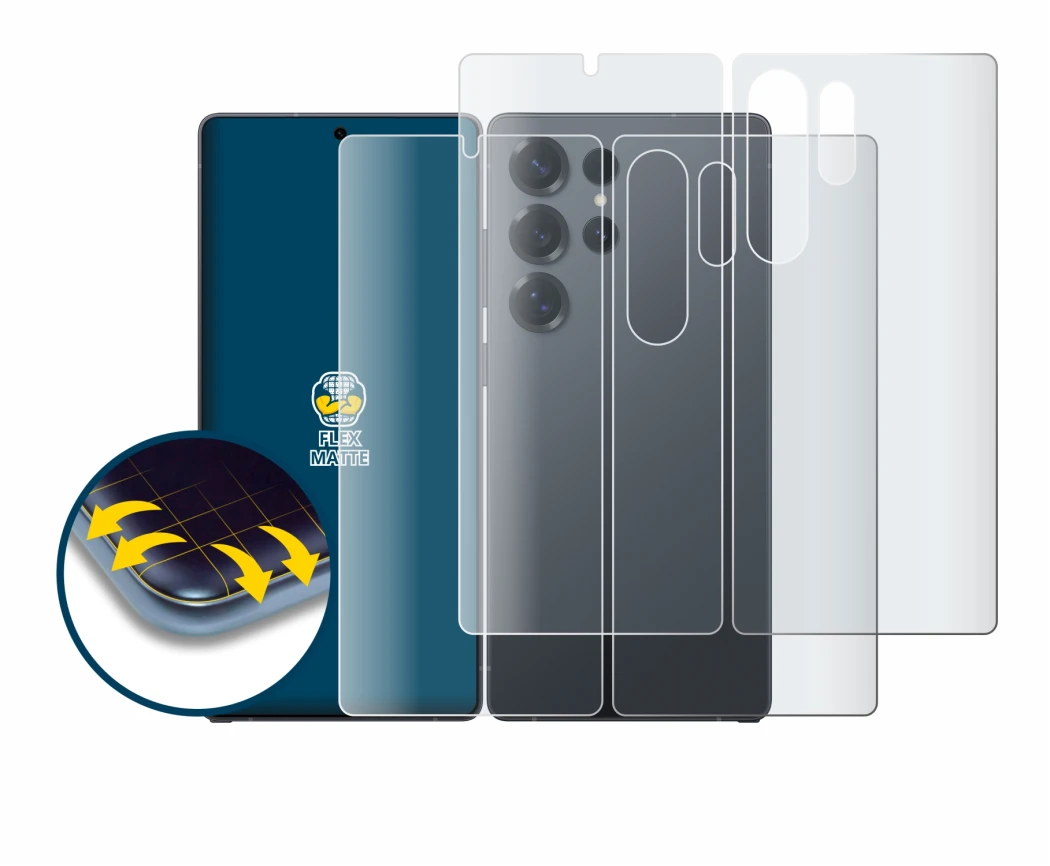 Immagine del dispositivo Samsung Galaxy S25 Ultra (Fronte+Retro) con un'ampia varietà di protezioni per lo schermo.