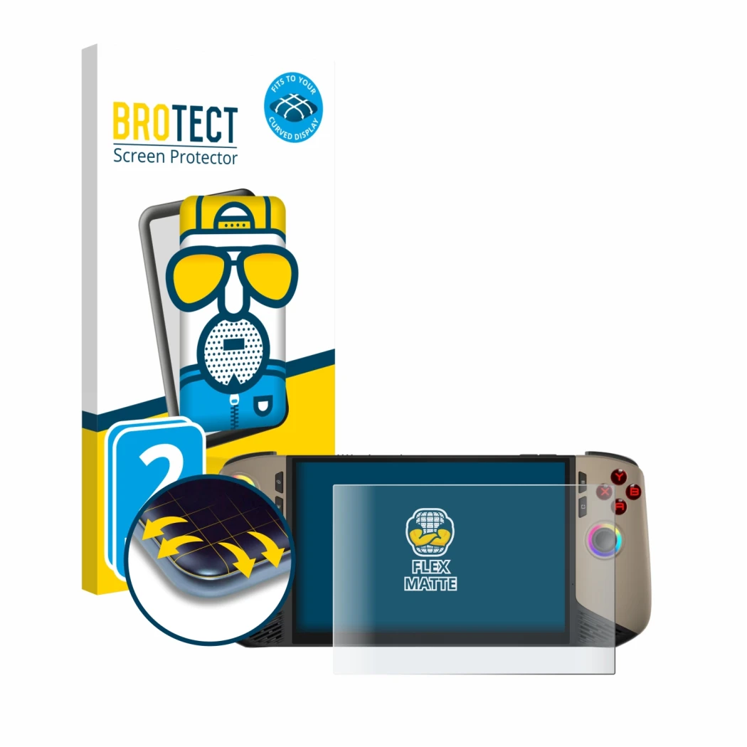 Parte frontale di una confezione del prodotto con il logo del marchio BROTECT. Accanto è raffigurato il dispositivo MSI Claw 8
