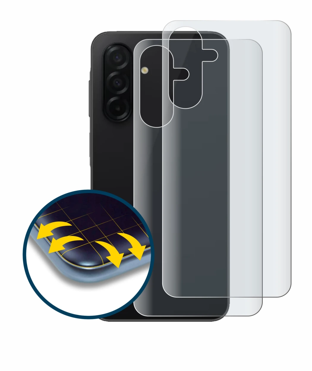 Immagine del dispositivo Samsung Galaxy A26 5G (Posteriore) con un'ampia varietà di protezioni per lo schermo.