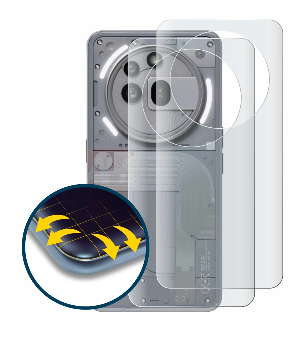 Immagine del dispositivo Nothing Phone (3a) Pro (Posteriore) con un'ampia varietà di protezioni per lo schermo.