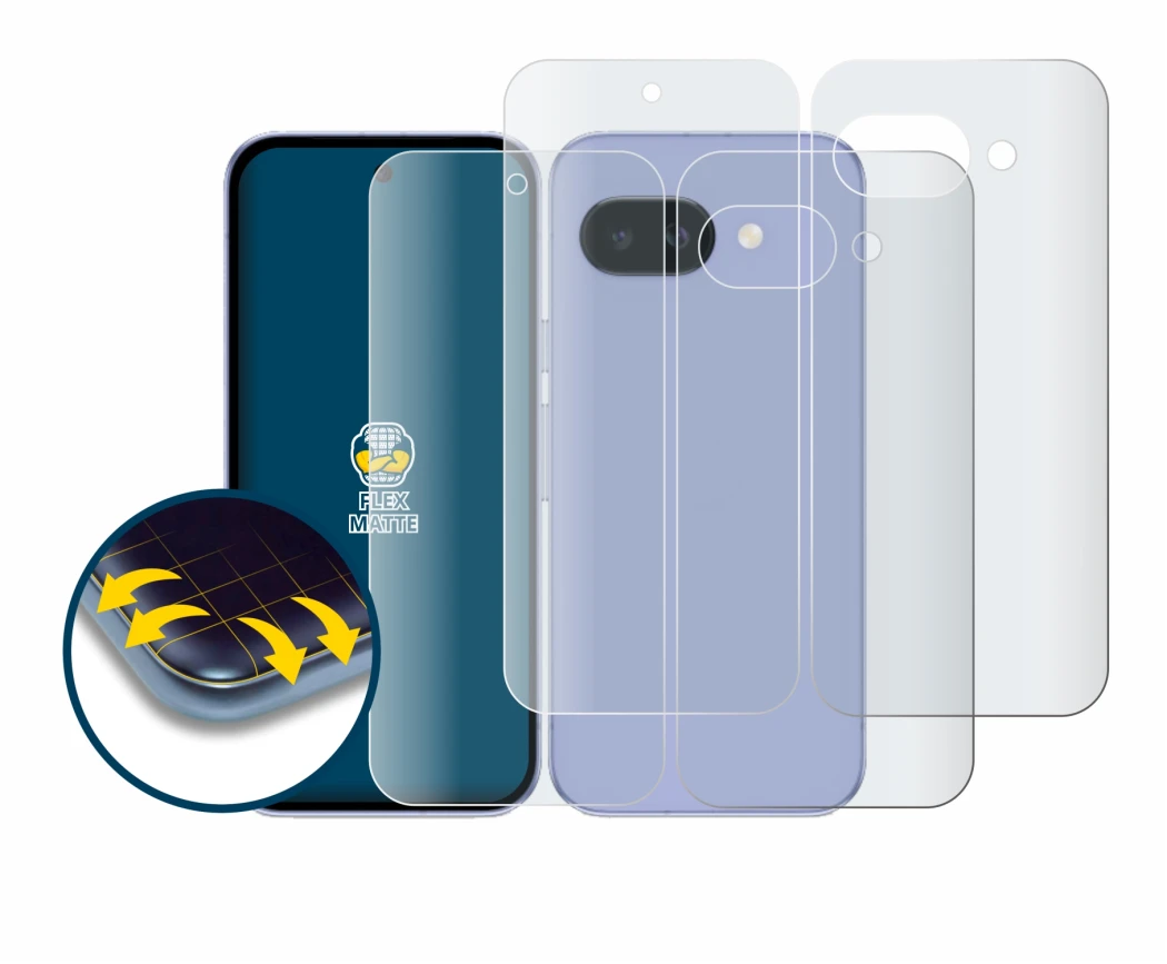Immagine del dispositivo Google Pixel 9a (Fronte+Retro) con un'ampia varietà di protezioni per lo schermo.