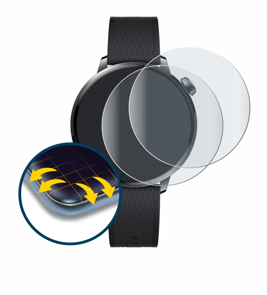 Immagine del dispositivo Oppo Watch X2 Mini con un'ampia varietà di protezioni per lo schermo.