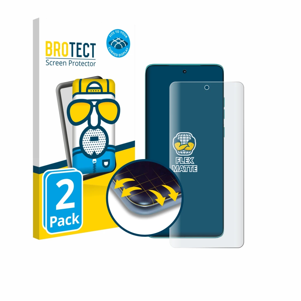 Parte frontale di una confezione del prodotto con il logo del marchio BROTECT. Accanto è raffigurato il dispositivo Motorola E