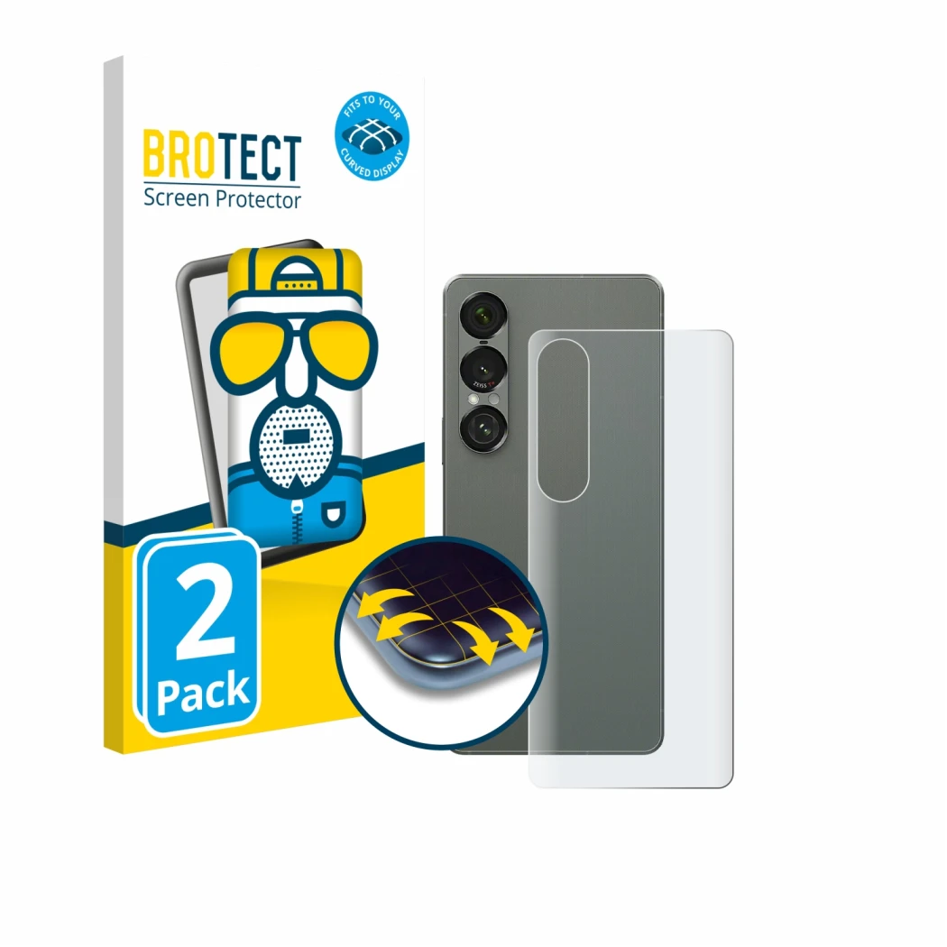 Parte frontale di una confezione del prodotto con il logo del marchio BROTECT. Accanto è raffigurato il dispositivo Sony Xperi