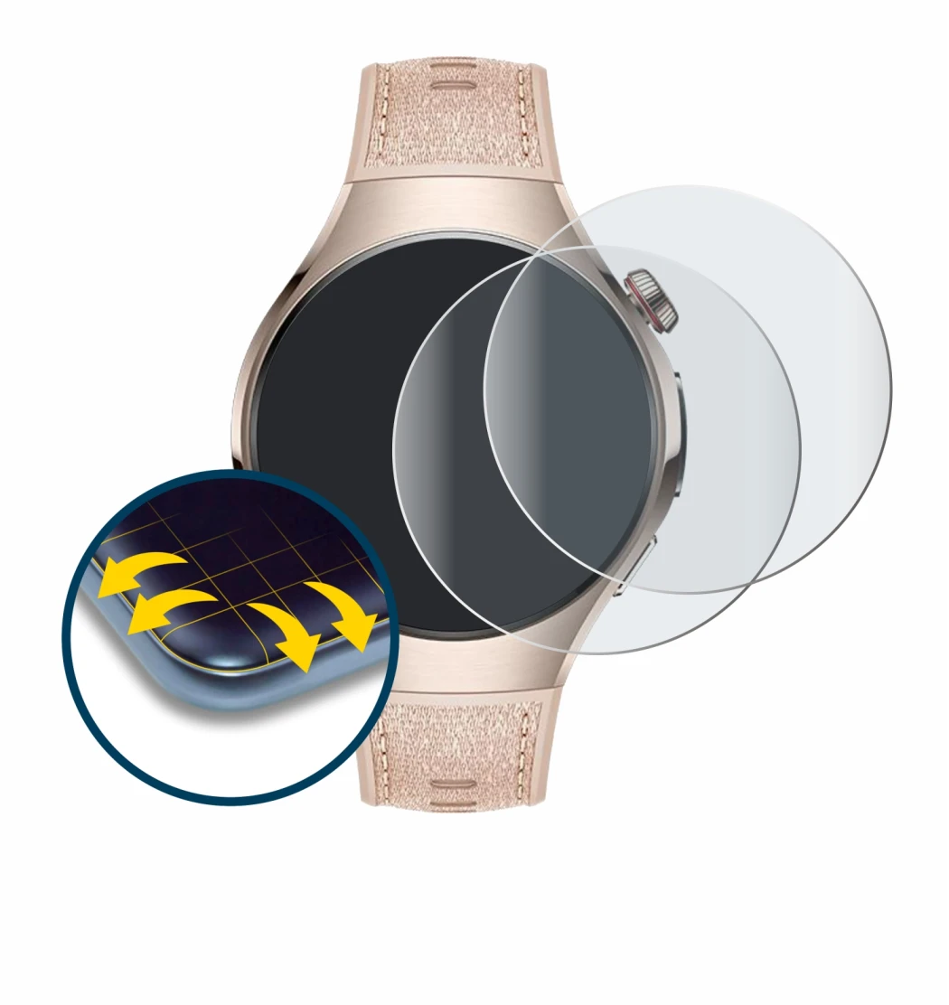 Immagine del dispositivo Huawei Watch 5 (42 mm) con un'ampia varietà di protezioni per lo schermo.