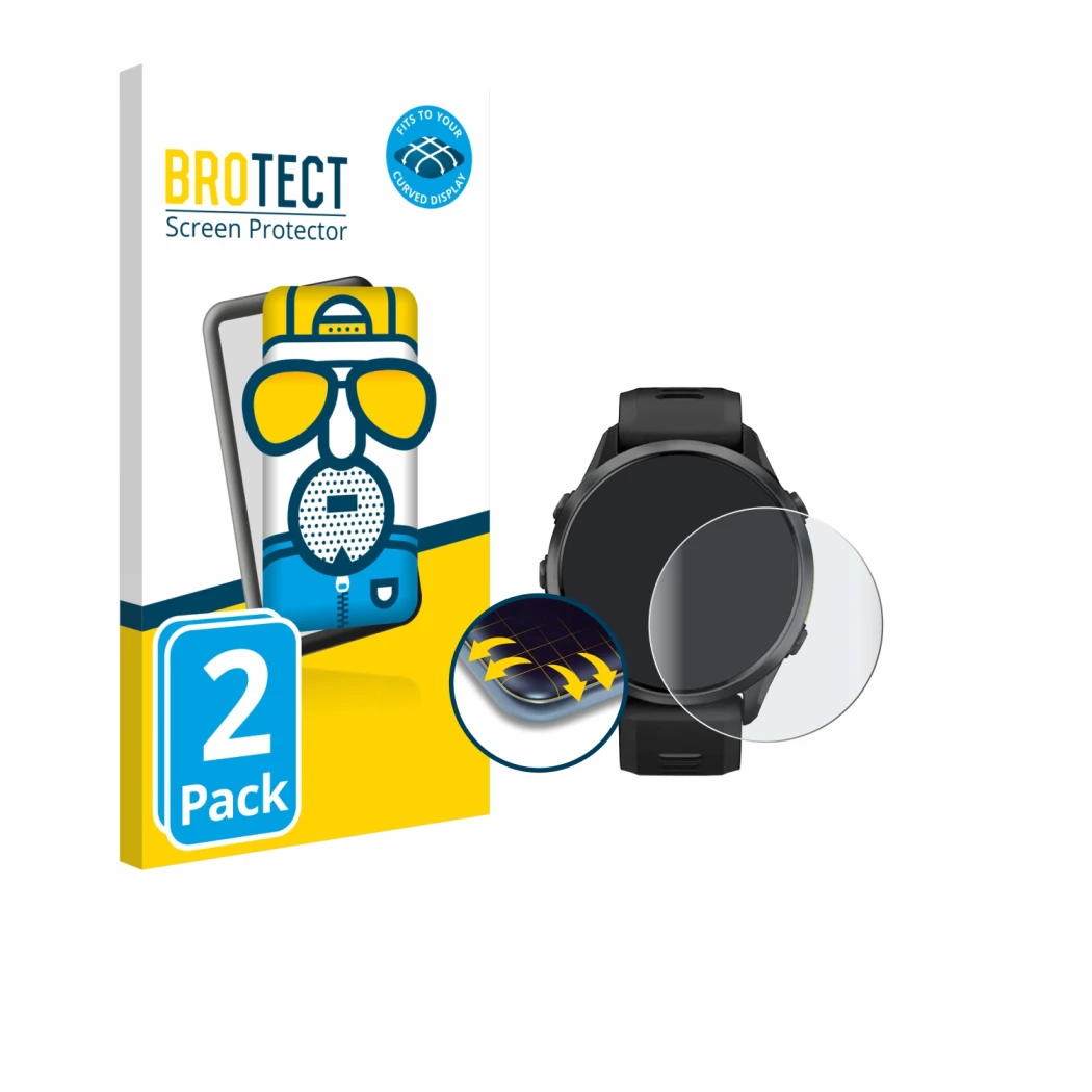 Parte frontale di una confezione del prodotto con il logo del marchio BROTECT. Accanto è raffigurato il dispositivo Garmin For