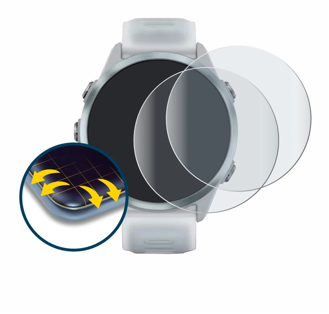 Immagine del dispositivo Garmin Forerunner 570 (42 mm) con un'ampia varietà di protezioni per lo schermo.