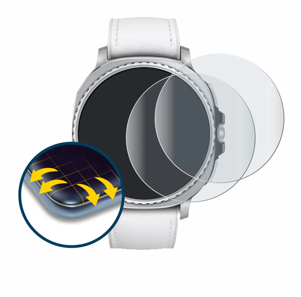 Immagine del dispositivo Samsung Galaxy Watch 8 Classic (46 mm) con un'ampia varietà di protezioni per lo schermo.