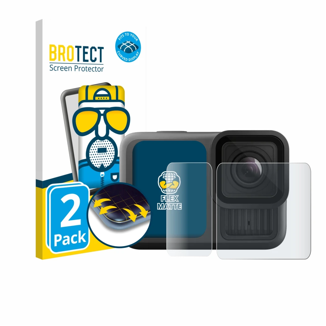 Parte frontale di una confezione del prodotto con il logo del marchio BROTECT. Accanto è raffigurato il dispositivo GoPro Hero